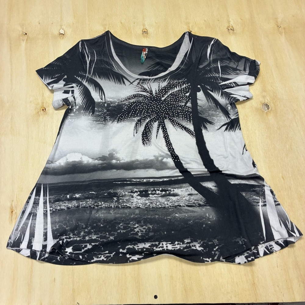 Big Bang Y2K USA Shirt Womens Large Black Palm Tree Rhinestone Tropical Tee Top